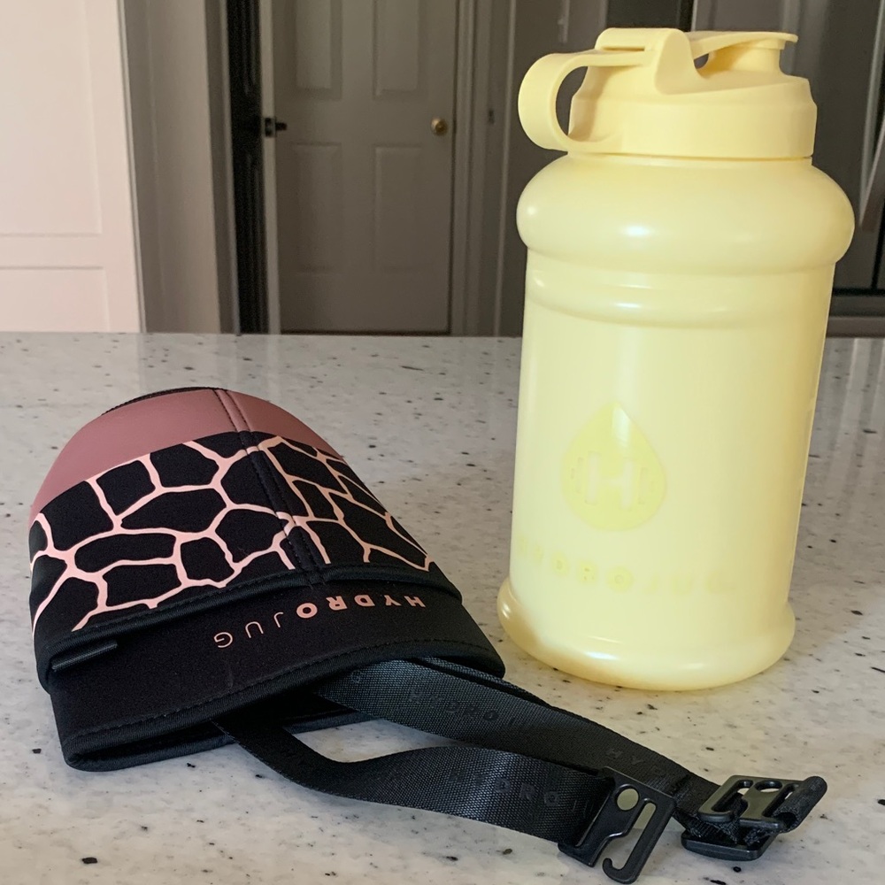 HydroJug Yellow Water Bottle with Pink and Black Neoprene Sleeve